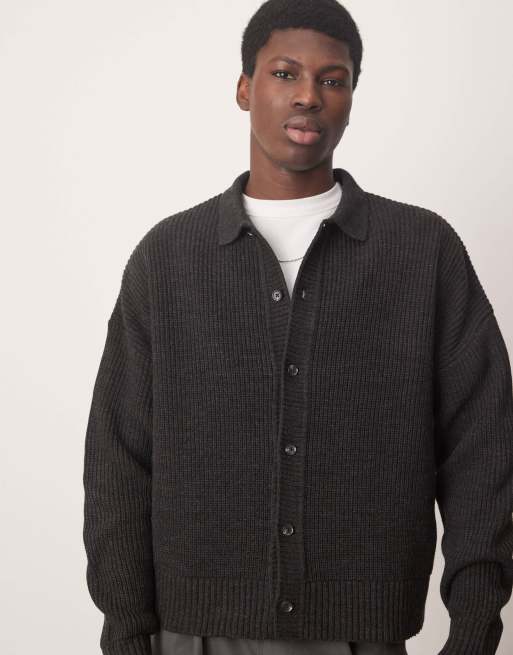 ASOS DESIGN - Gilet oversize en maille coupe carrée avec col côtelé - Anthracite chiné