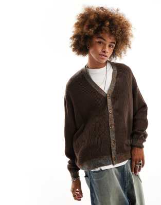 ASOS DESIGN oversized knitted fisherman rib cardigan with contrast trims in brown - ASOS Price Checker