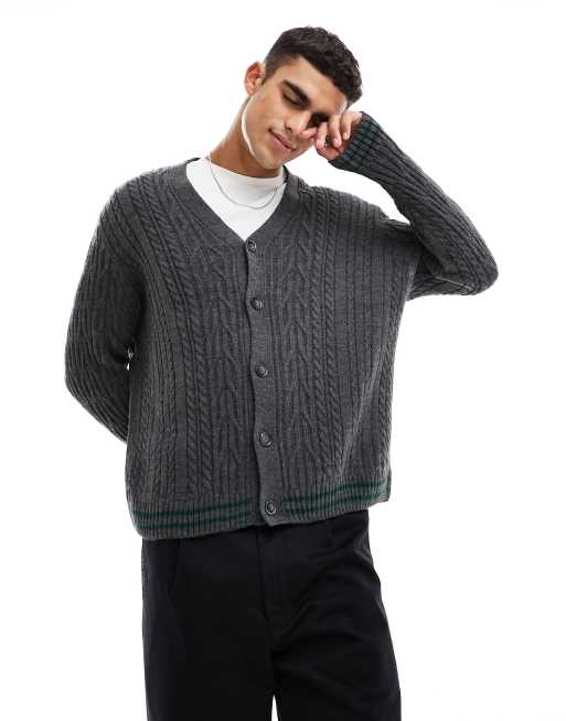 ASOS DESIGN - Gilet oversize style cricket en maille côtelée à liserés verts - Anthracite