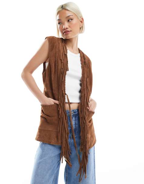 ASOS DESIGN - Gilet premium in camoscio color cuoio chiaro con frange - view 1