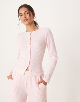 Gilet ras de cou d'ensemble côtelé effet brossé à manches longues - Rose L