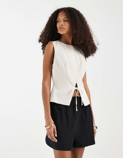 ASOS DESIGN - Gilet sartoriale allacciato in misto lino colore naturale 