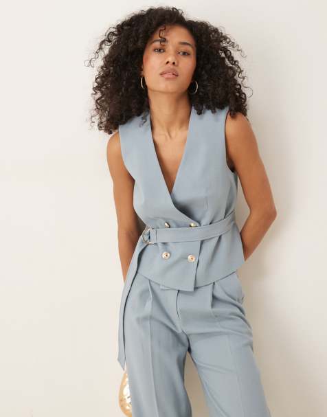 ASOS DESIGN - Gilet sartoriale effetto lino blu allacciato in coordinato - view 1