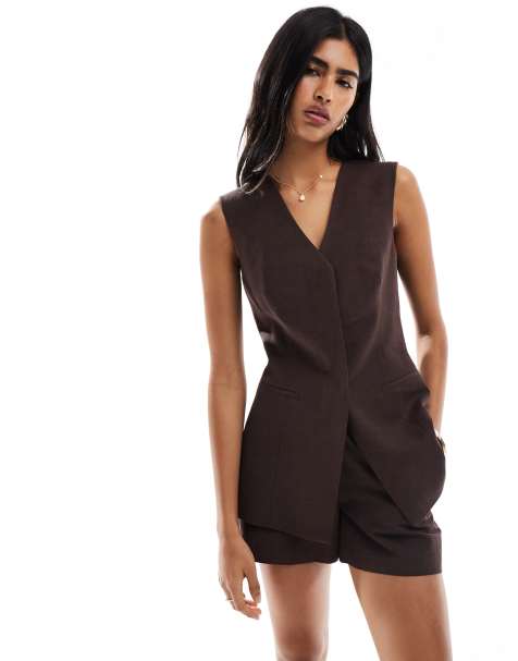ASOS DESIGN - Gilet sartoriale taglio lungo in misto lino color cioccolato - view 1