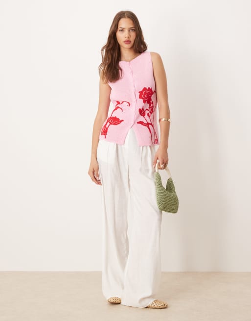 ASOS DESIGN - Gilet strutturato in maglia rosa con fiori, 3 di 4