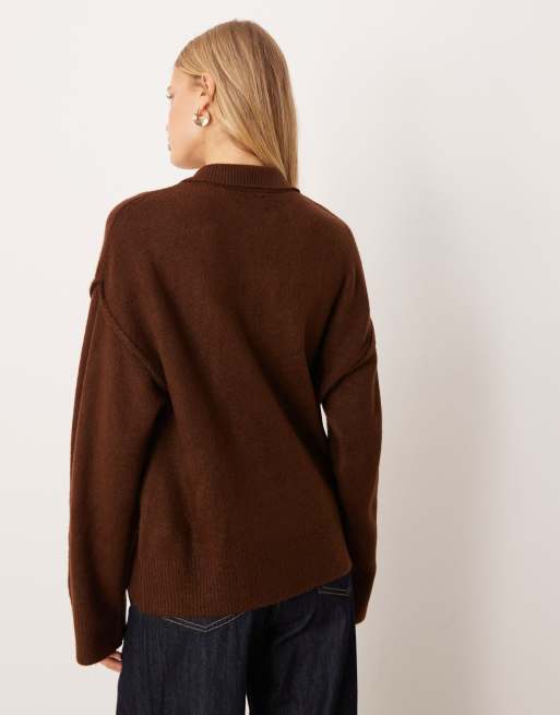 ASOS DESIGN - Gilet style chemise en maille avec col et coutures visibles - Chocolat, 3 de 4