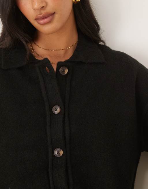 ASOS DESIGN knitted collar shirt cardigan with seam detail in black