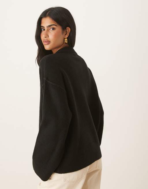 ASOS DESIGN knitted collar shirt cardigan with seam detail in black