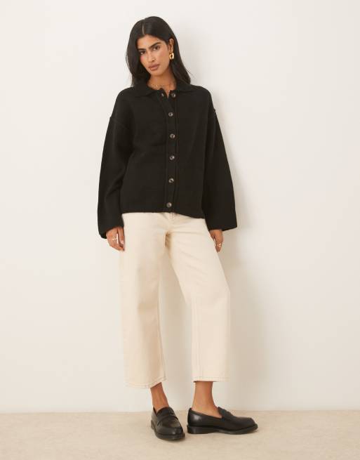 ASOS DESIGN knitted collar shirt cardigan with seam detail in black