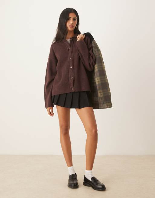 ASOS DESIGN knitted collar shirt cardigan with seam detail in plum