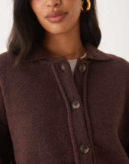 ASOS DESIGN knitted collar shirt cardigan with seam detail in plum