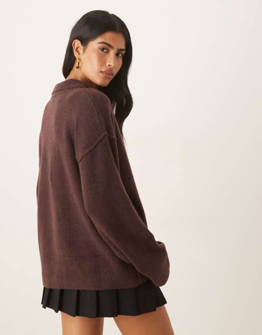 ASOS DESIGN knitted collar shirt cardigan with seam detail in plum