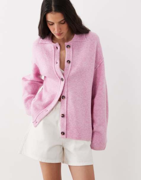 ASOS DESIGN - Gilet style chemise en maille avec col et détail cousu - Rose - view 1