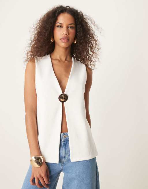 ASOS DESIGN - Gilet taglio lungo morbidissimo bianco con bottone