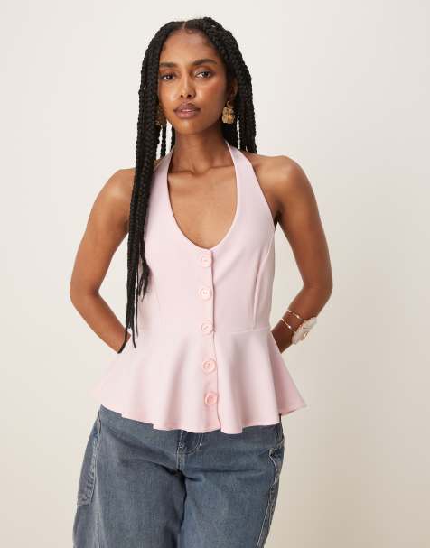 ASOS DESIGN - Gilet taglio lungo rosa tenue allacciato al collo e stretto in vita con bottoni - view 1