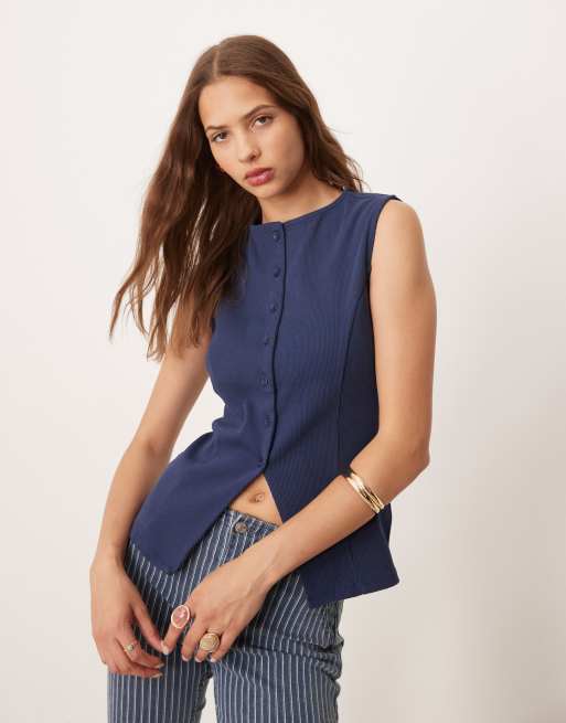 ASOS DESIGN - Gilet taglio lungo stretto in vita color blu navy con bottoni