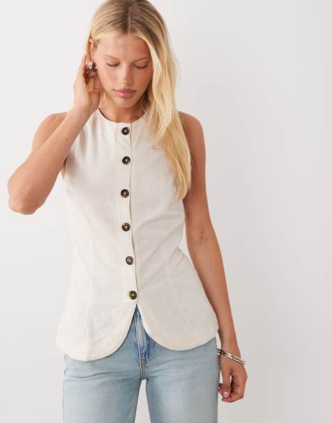 ASOS DESIGN - Gilet van linnenmix met lange pasvorm en knopen aan de voorkant in stone - view 1