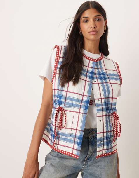 ASOS DESIGN gilet with check quilted design and bow pocket detail in blue - view 1
