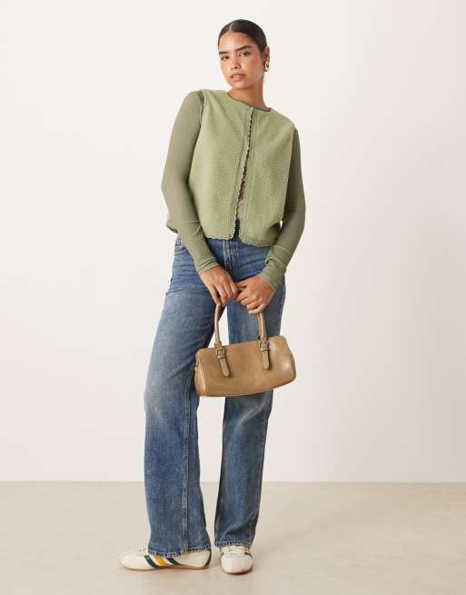 ASOS DESIGN gilet with lace trim detail in sage green, 3 of 4