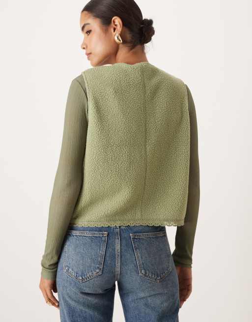 ASOS DESIGN gilet with lace trim detail in sage green, 4 of 4