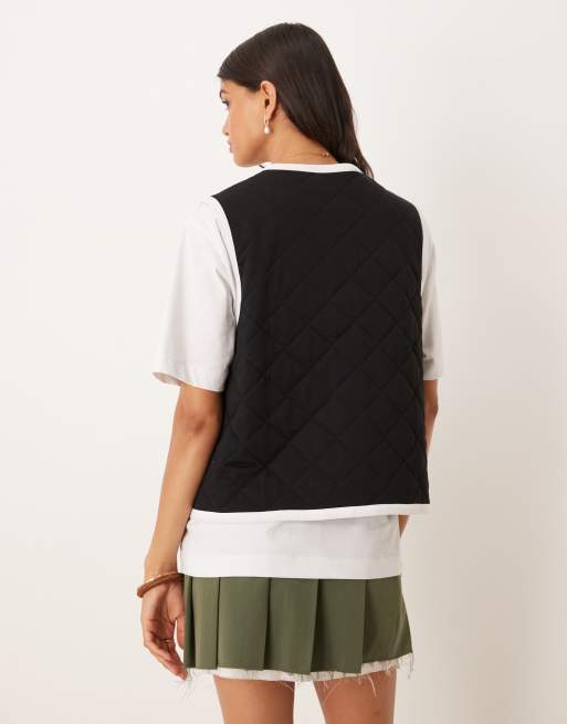 ASOS DESIGN gilet with quilted contrast binding design and bow pocket detail in black, 3 of 4