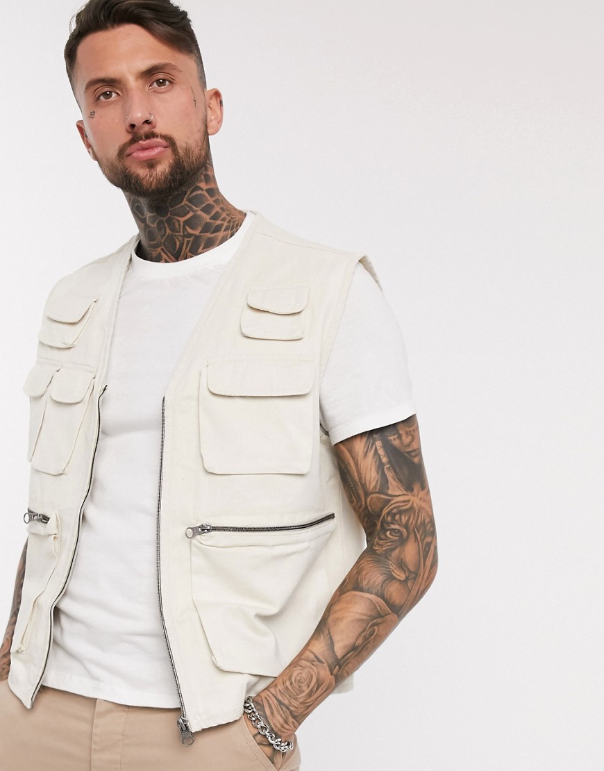 ASOS DESIGN gilet with utility pockets in off white-Stone