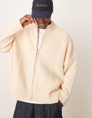 ASOS DESIGN - Gilet zippé coupe carrée ultra oversize en maille effet brossé - Grège-Neutre