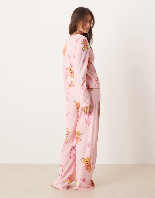 ASOS DESIGN gingerbread & candy cane long sleeve top & pants pajama set in heathered pink
