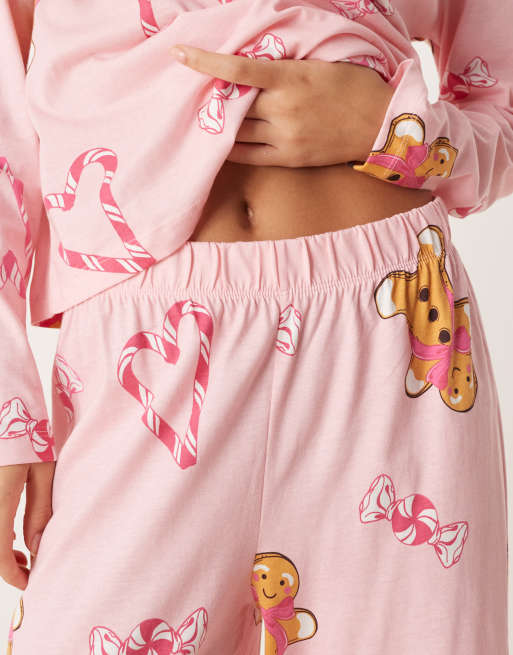 ASOS DESIGN gingerbread & candy cane long sleeve top & pants pajama set in heathered pink