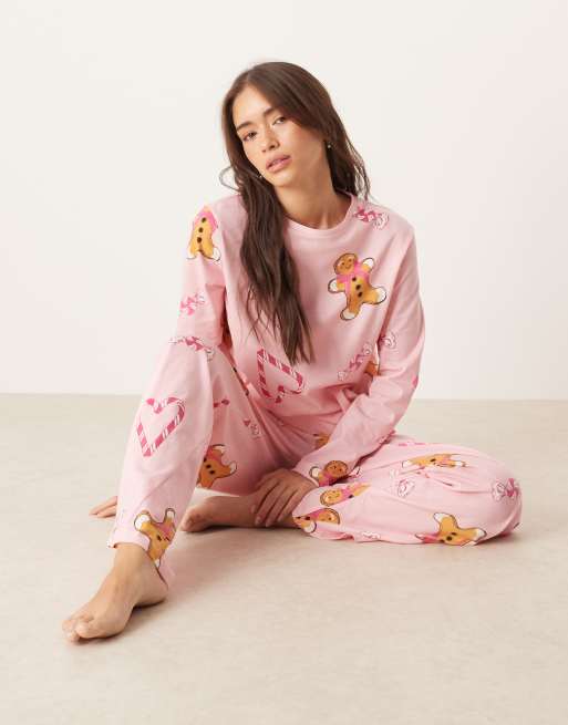 ASOS DESIGN gingerbread & candy cane long sleeve top & pants pyjama set in pink marl, 4 of 4