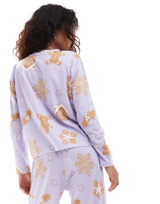 ASOS DESIGN gingerbread house long sleeve top & pants pyjama set in purple, 4 of 4
