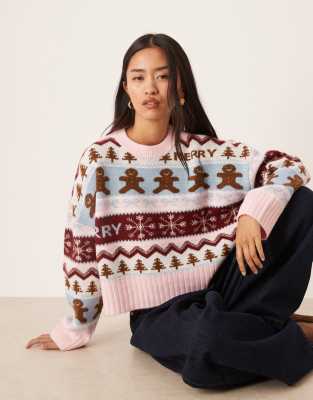 Asos Design Gingerbread Patterned Sweater In Blue