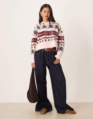 Asos Design Gingerbread Patterned Sweater In Blue