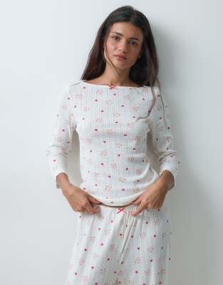 Asos Design Gingerbread Print Pointelle Boatneck Pyjama Top In White