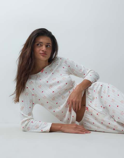 ASOS DESIGN gingerbread print pointelle boatneck pyjama top in white, 3 of 5