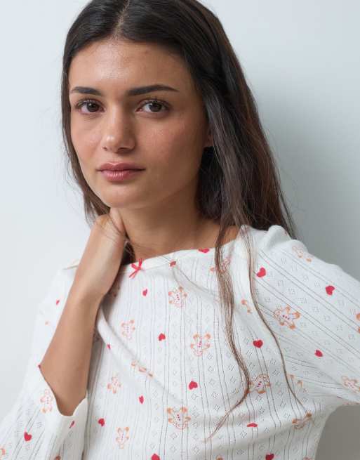 ASOS DESIGN gingerbread print pointelle boatneck pyjama top in white, 4 of 5
