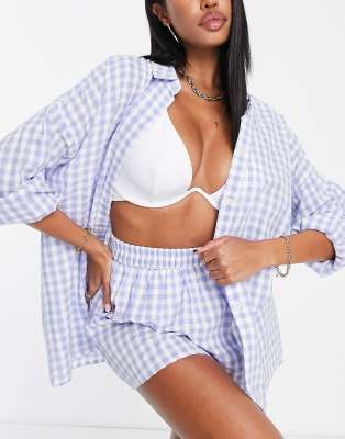 ASOS DESIGN gingham check beach shirt co ord in blue - ASOS Price Checker