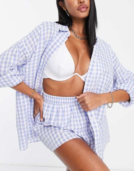 ASOS DESIGN gingham check beach shirt in blue