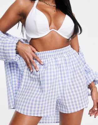 Asos Design Gingham Check Beach Short In Blue - Part Of A Set