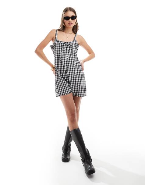 ASOS DESIGN gingham godet playsuit in mono - view 1