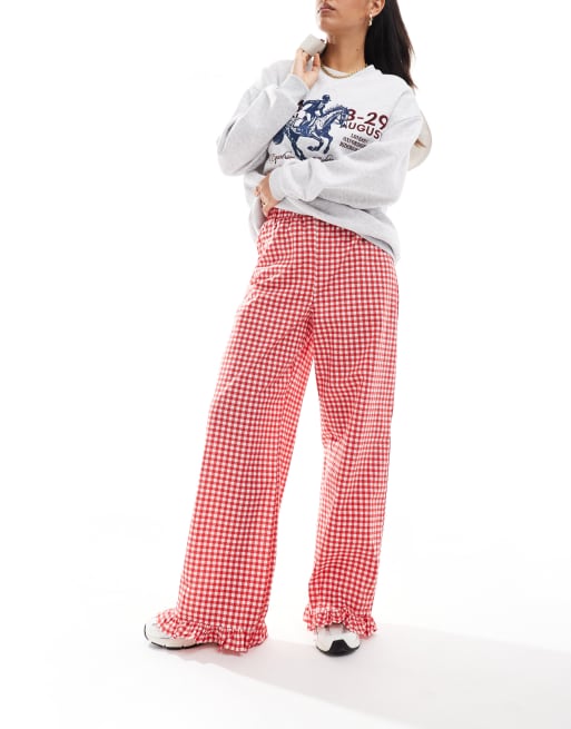 ASOS DESIGN gingham pants with frill hem in red