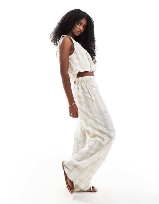 ASOS DESIGN gingham seersucker pants in neutral - part of a set 