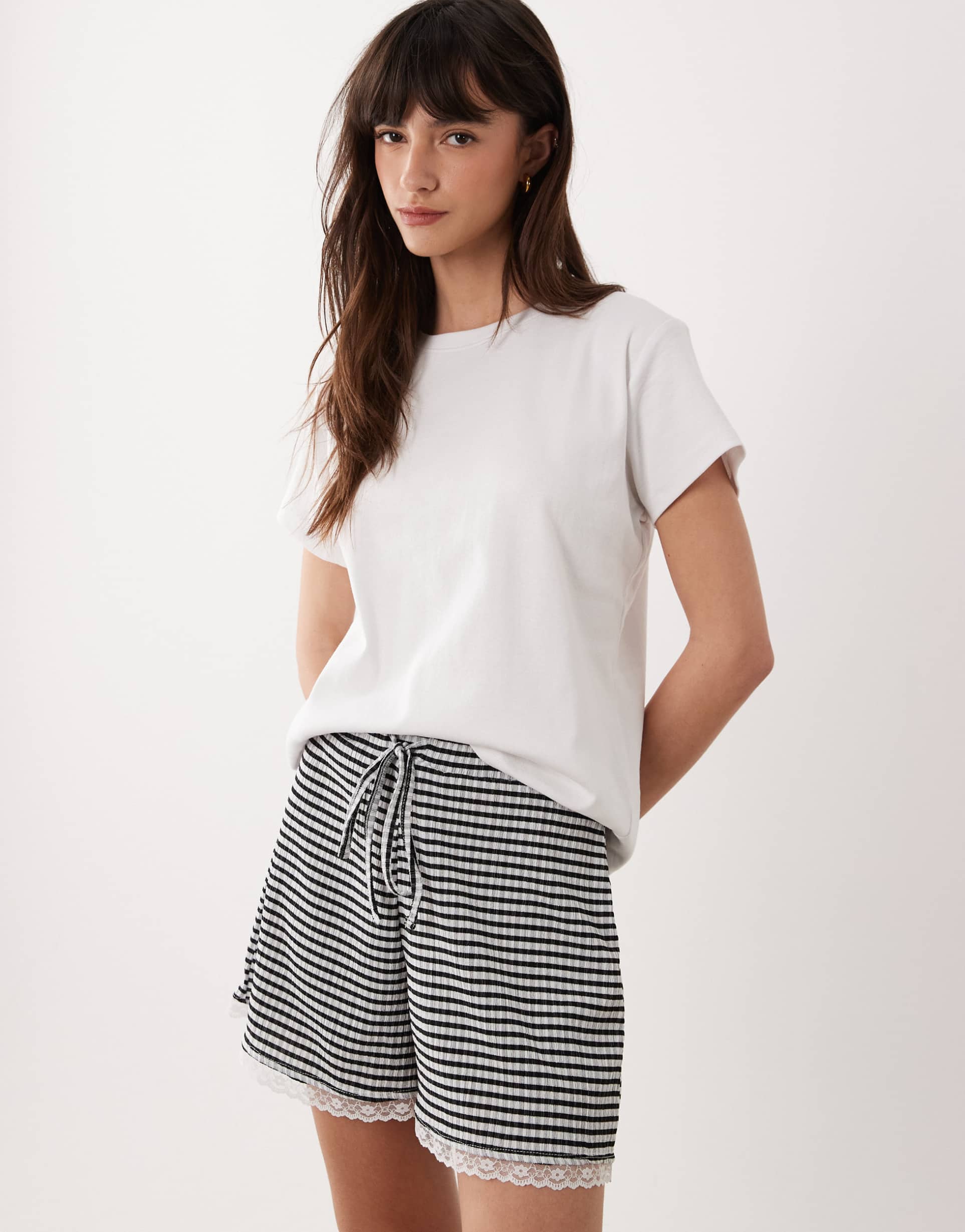 asos design gingham shorts with lace trim in mono - part of a set