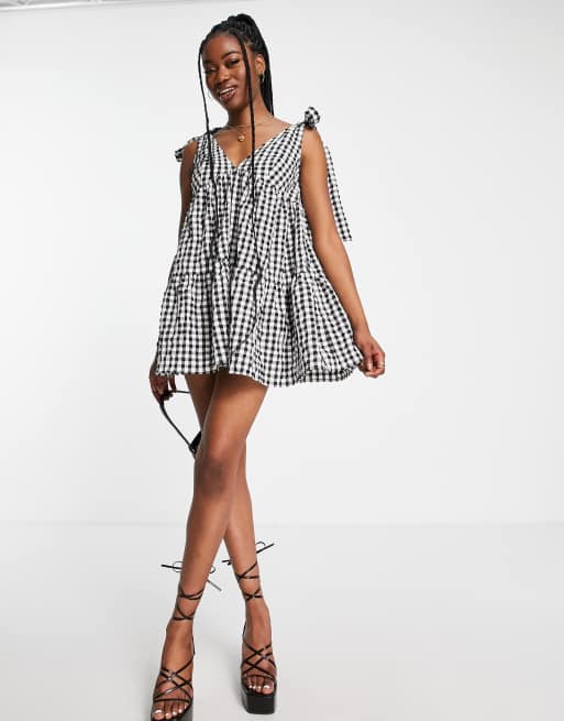 ASOS DESIGN gingham tie shoulder smock playsuit in black gingham, 3 of 4