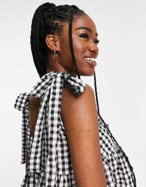 ASOS DESIGN gingham tie shoulder smock romper in black gingham, 4 of 4