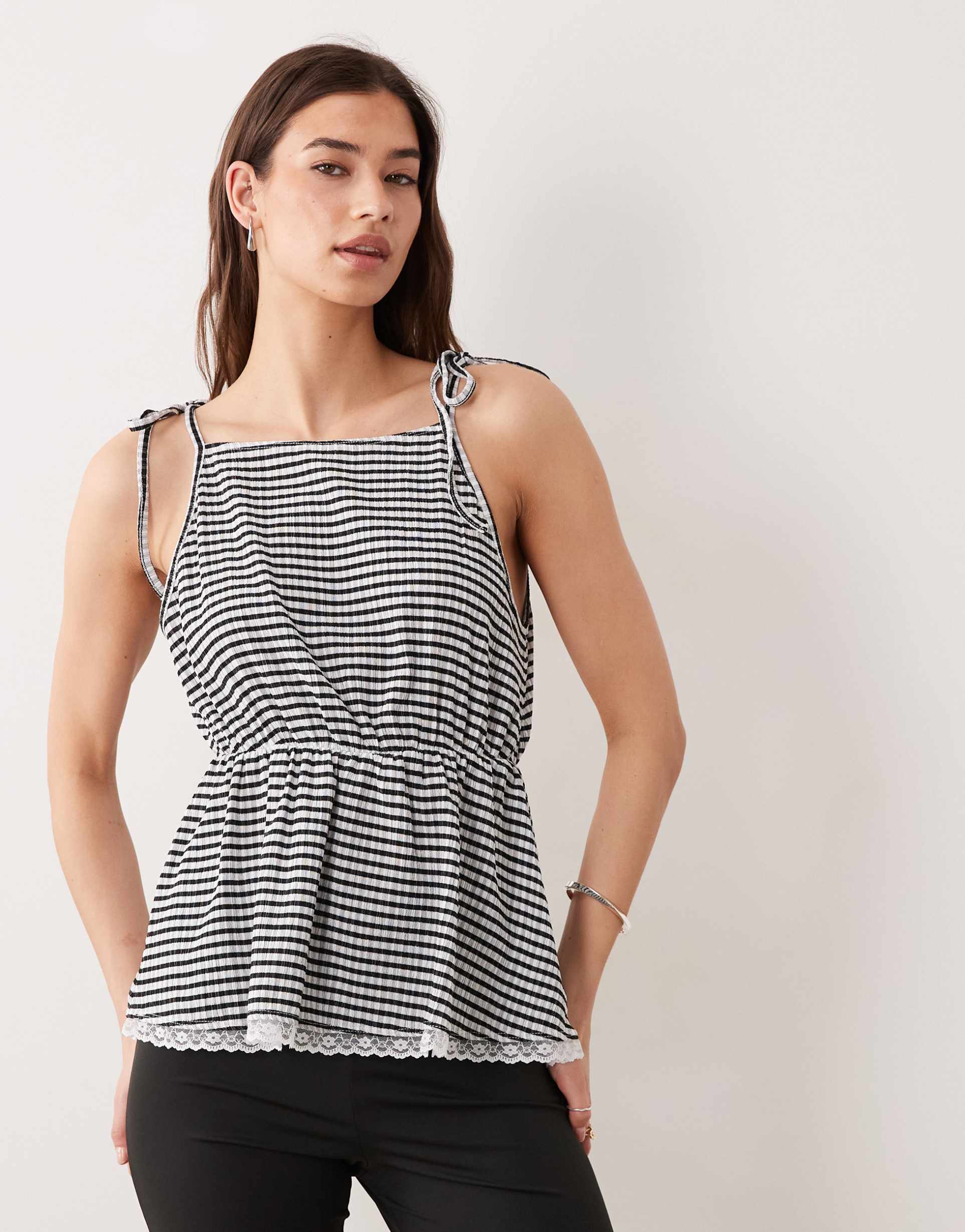 asos design gingham top with lace trim in black and white - part of a set