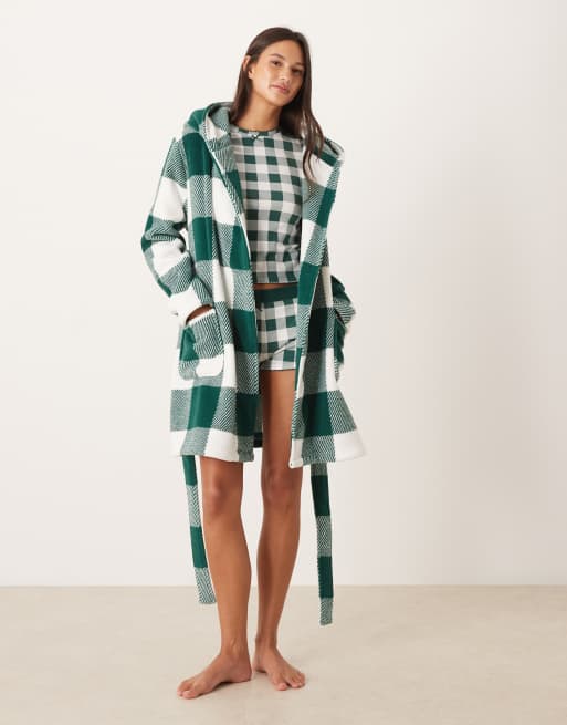 ASOS DESIGN – Ginghamrutig morgonrock i mikrofleece och kort design, 3 av 4