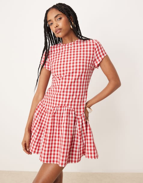ASOS DESIGN – Ginghamrutig t-shirtklänning i minilängd med sänkt midja - view 1