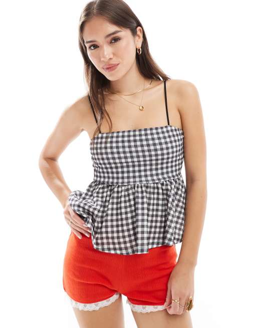 ASOS DESIGN – Ginghamrutigt, strukturerat linne i peplum-modell