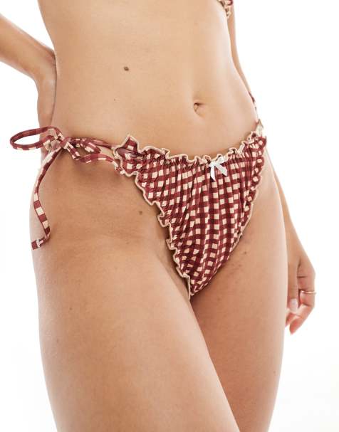 ASOS DESIGN - Ginny - Slip bikini con laccetti laterali e bordo ondulato a quadretti - view 1